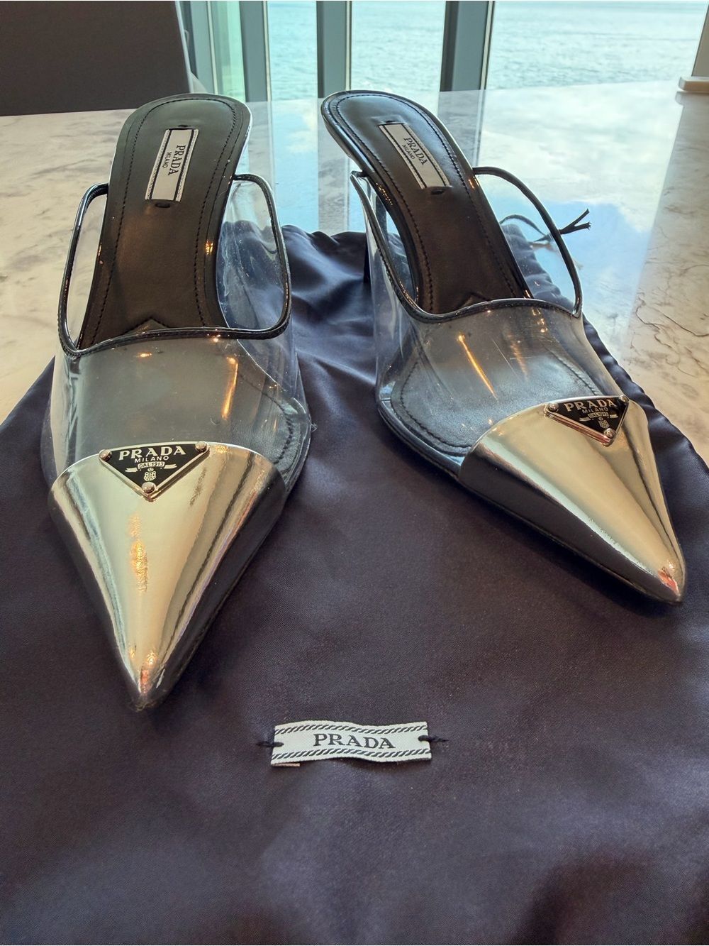 Prada Clear PVC and Silver Pointed-Toe Slingback Heels